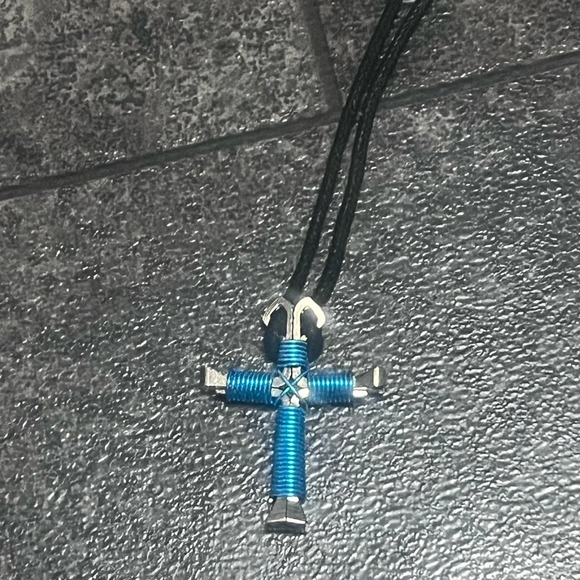 OOAK Blue and Silver Wire Cross Pendant in Long Black Rope Chain - Picture 1 of 4